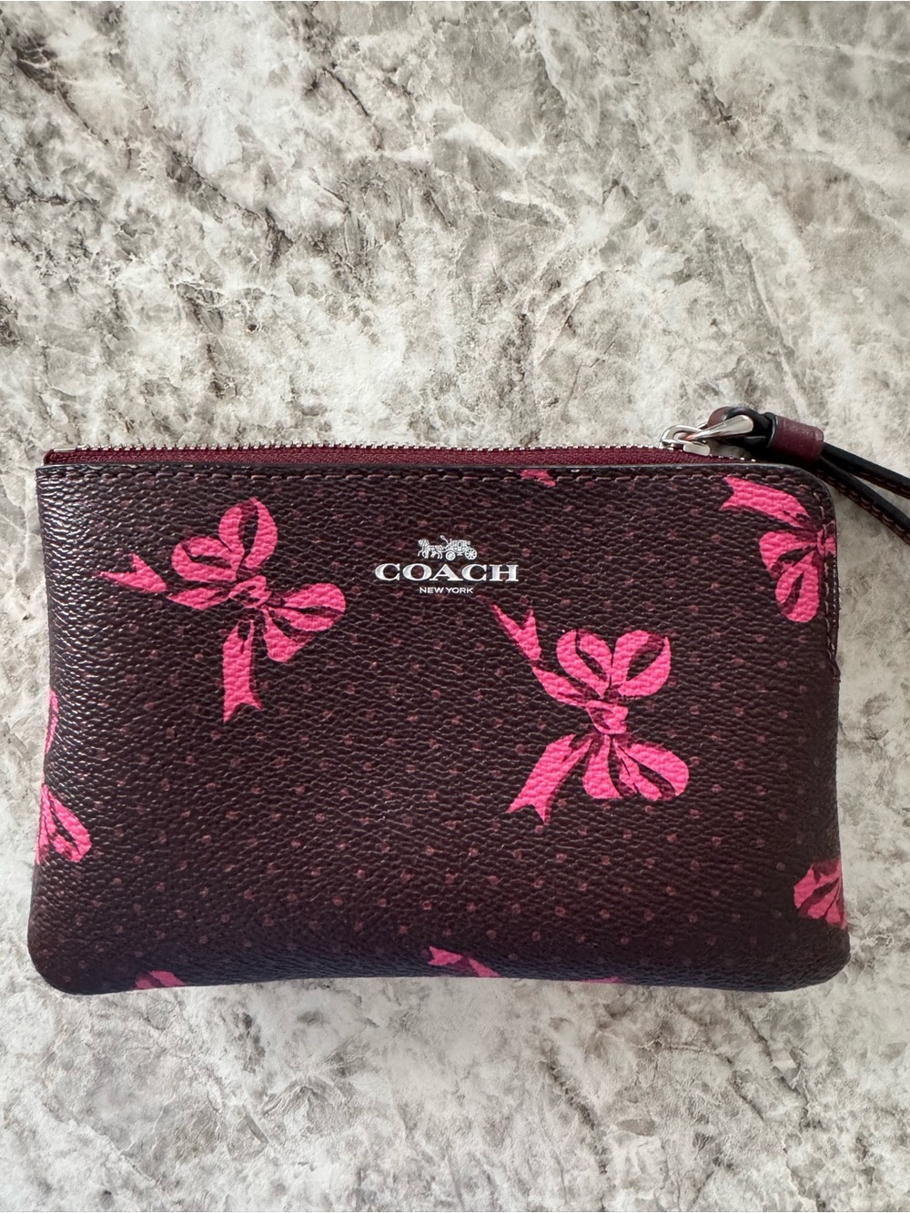 Coach Burgundy Bow Print Zip Pouch